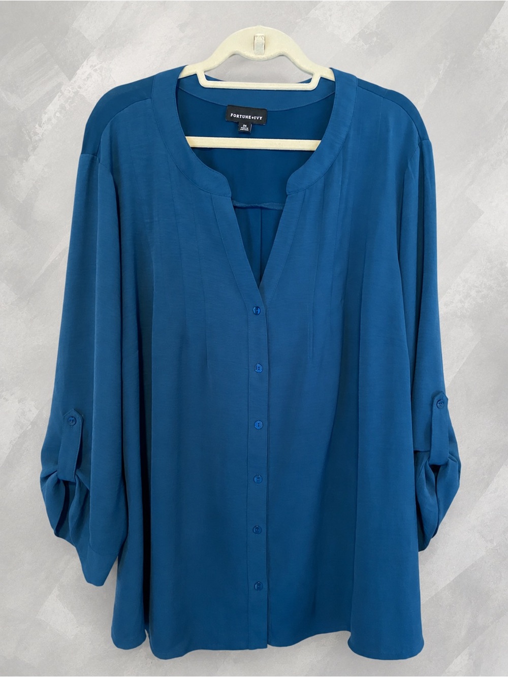 Fortune & Ivy Teal Blue Button-Down Women's Blouse